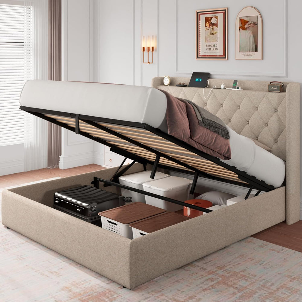 iPormis Queen Size Lift Up Storage Bed Frame with Charging Station, Upholster...