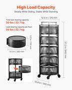 VEVOR Rotating Storage Rack Cart, 5 Tier Fruit and Vegetable Basket Bowls, Heavy Duty Wire Basket Organizer on Wheels, Large Capacity Stand with Metal Top Lid, for Kitchen Bathroom Nursery, Black