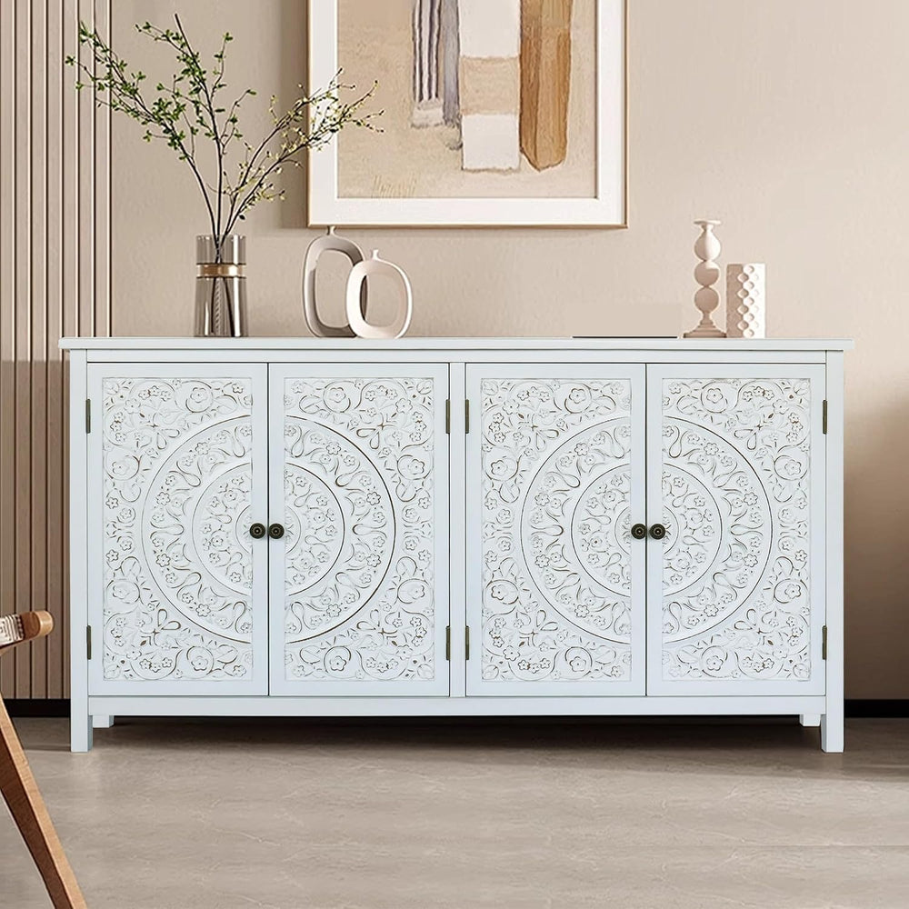 Mid-Century Accent Cabinet with 4 Doors, Rustic Sideboard Pantry Cabinet, for...