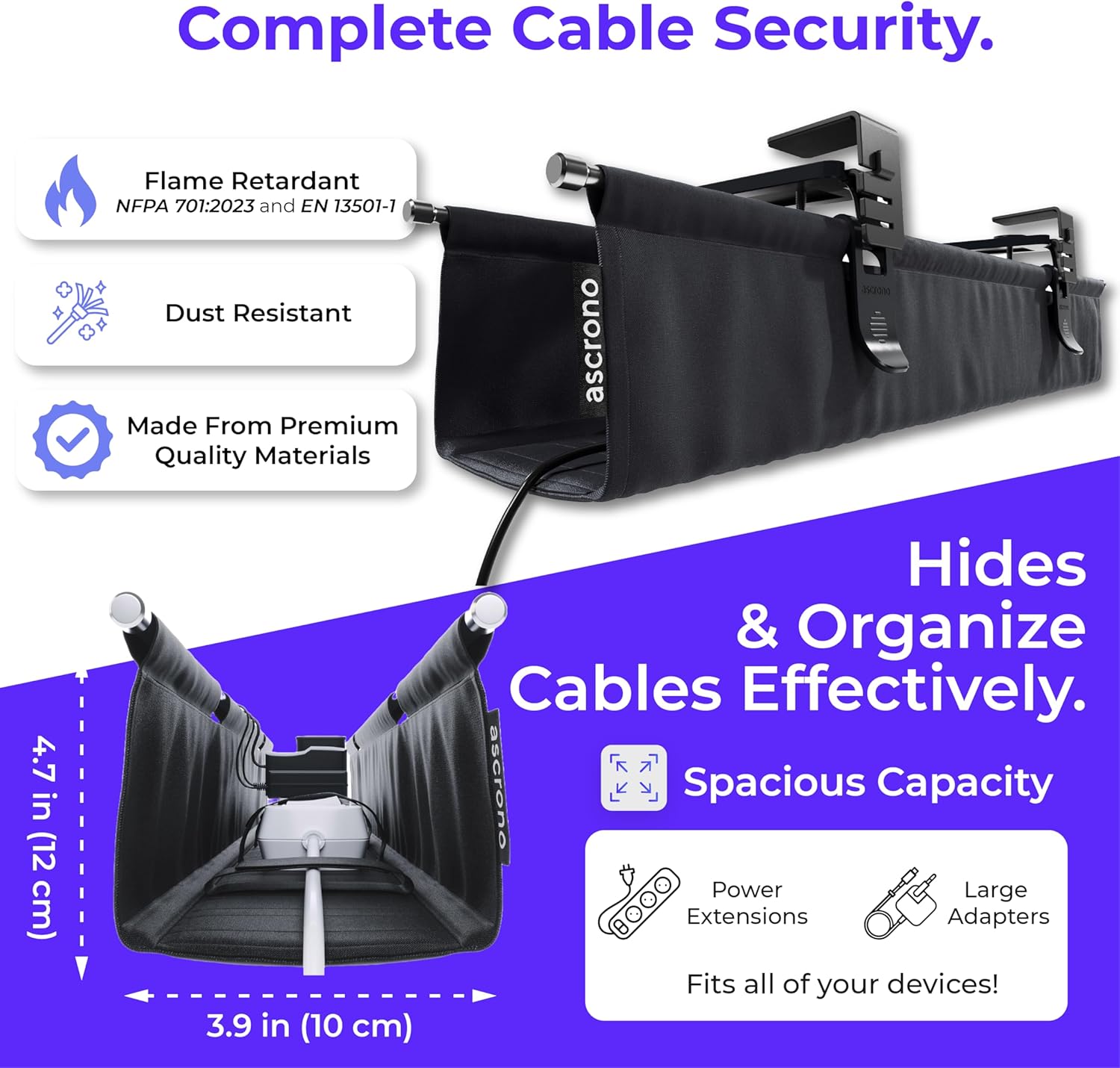 Ascrono Original No Drill Under Desk Cable Management Tray 27.3" - Premium Black Fabric Cable Management Under Desk - Clamp/Screw Mount Cord Organizer - Supports Upto 66lbs