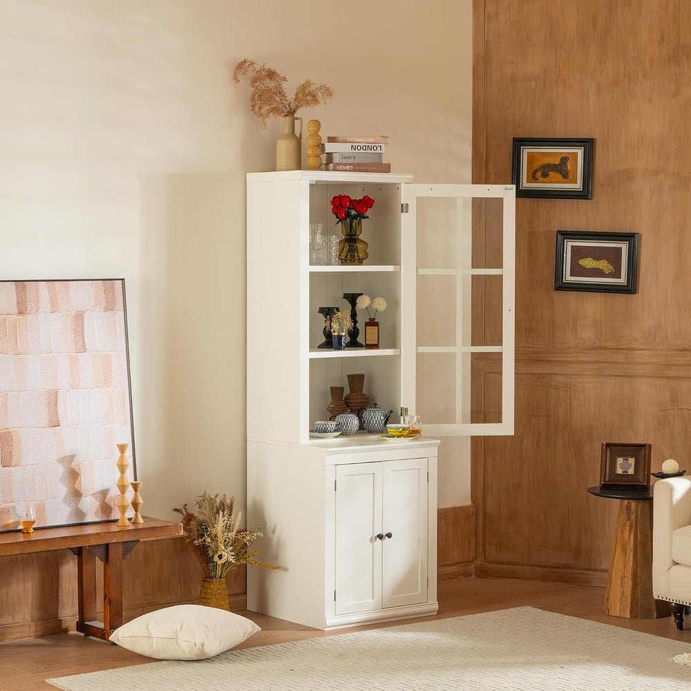 Chic 75.25'' White Freestanding Pantry Cabinet with Glass Door, Ideal...