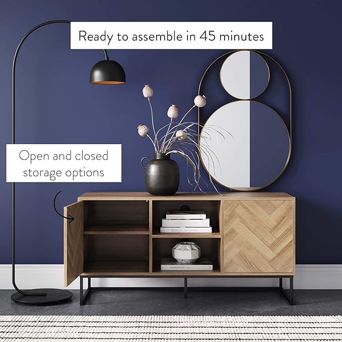 Nathan James Dylan Media Console Cabinet or TV Stand with Doors for Hidden Storage in a Natural Reclaimed Oak Herringbone Wood Pattern and Metal, Oak/Matte Black
