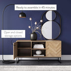 Nathan James Dylan Media Console Cabinet or TV Stand with Doors for Hidden Storage in a Natural Reclaimed Oak Herringbone Wood Pattern and Metal, Oak/Matte Black