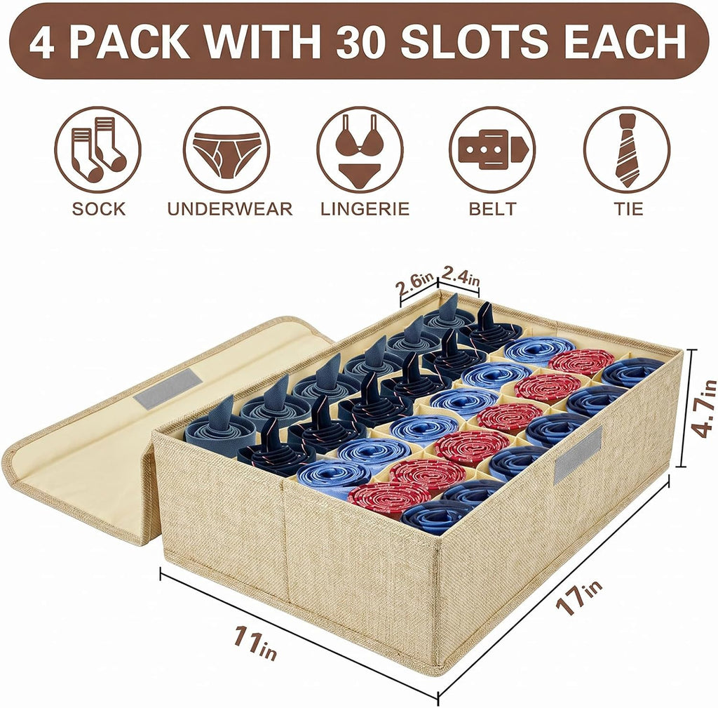 Beige Sock Organizer Divider 2 Pack with Lid - 30 Cell Foldable Closet Storage, Tie Organizer For Men Boxes for Socks, Ties, Belts