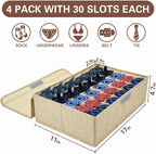 Beige Sock Organizer Divider 2 Pack with Lid - 30 Cell Foldable Closet Storage, Tie Organizer For Men Boxes for Socks, Ties, Belts