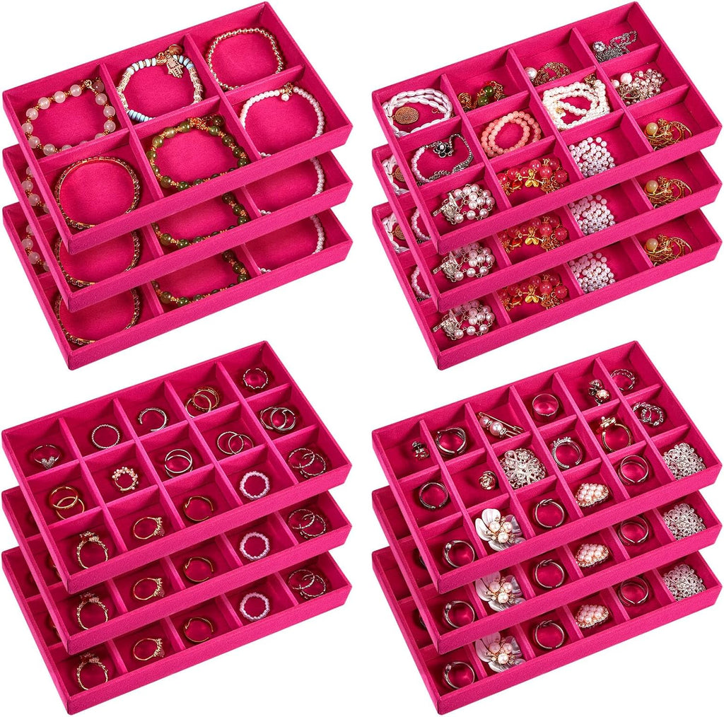 Junkin 12 Pcs Jewelry Tray Velvet Stackable Jewelry Organizer Trays Divided Earring Accessories Storage Containers Box (Rose Red)