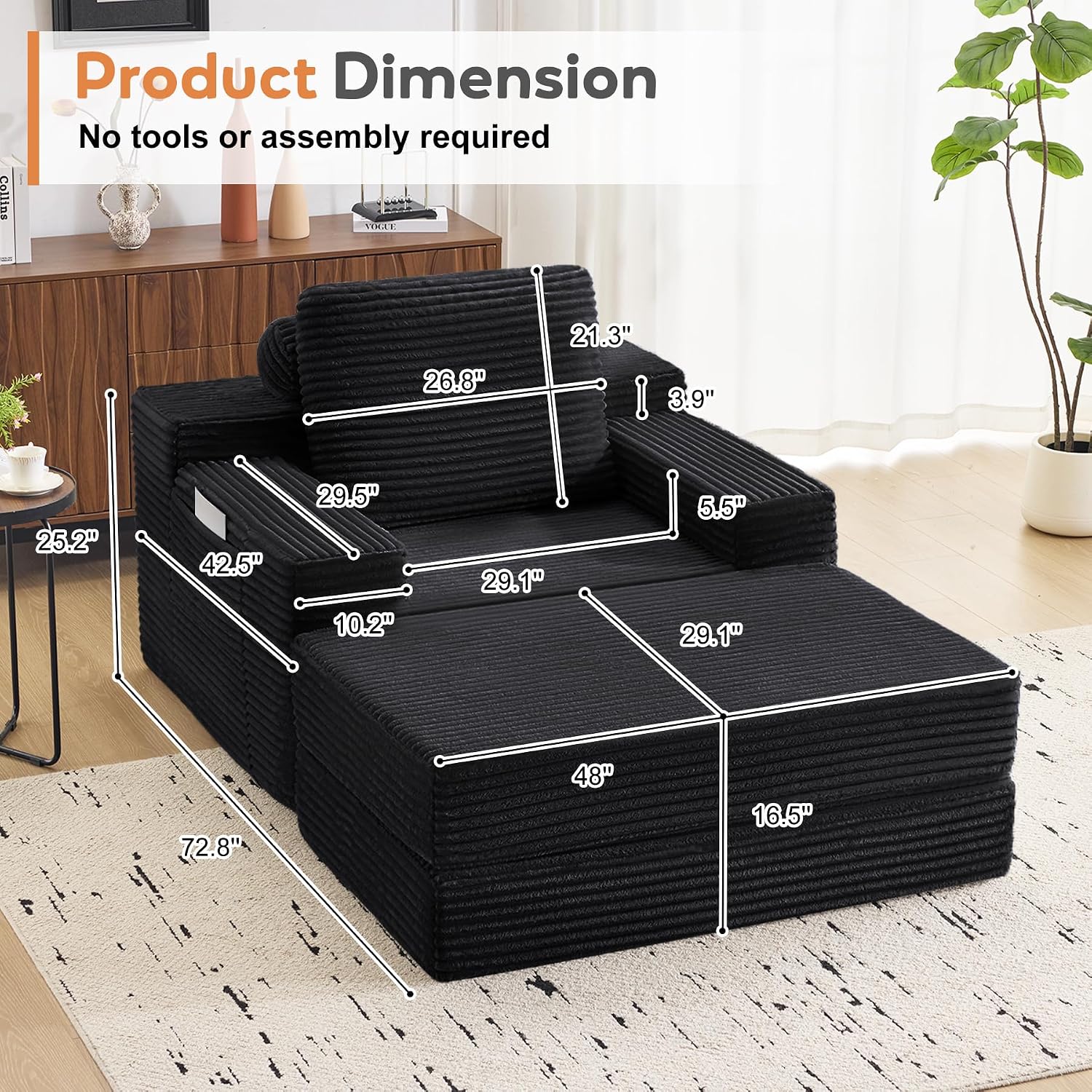 72.8" Convertible Chaise Lounge Sofa Bed, Corduroy Sleeper Boneless Couch with Removable Pillow & Movable Table Tray, Deep Seat No-Assembly Sofa for Living Room, Bedroom, Apartment, Black