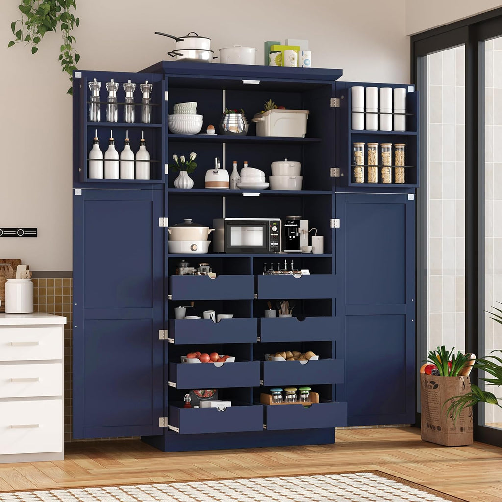 Tall 4 Doors Kitchen Pantry Cabinet with 8 Pull-Out Trays, Freestanding Pantry Storage Cabinet with 2 Door Shelves and Adjustable Shelf for Kitchen, Dining Room (Blue)