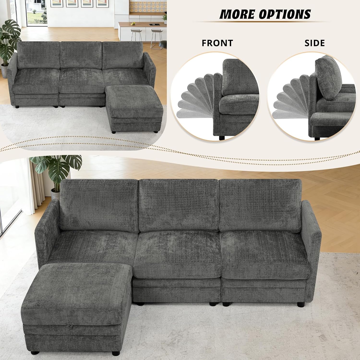 86” 4-Seater Chenille Modular Couch w/Adjustable Backrest, Grey | Upholstered L-Shape Sectional Sofa with Removable Ottoman, Convertible Sleeper Sofa with Storage Seats for Living Room