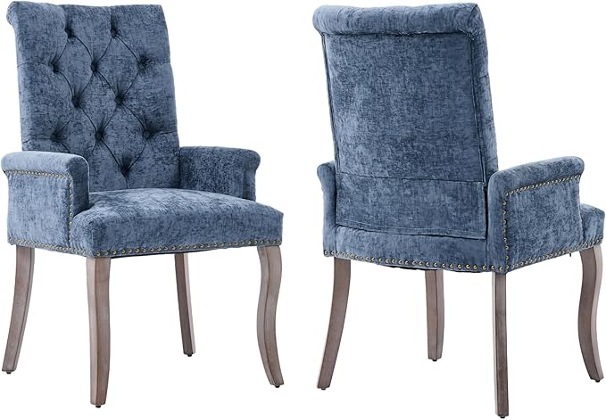 Upholstered Tufted Chenille Dining Chairs with Arms & Nailhead Trim – Solid Wood Frame & Legs, Modern Farmhouse for Dining, Kitchen & Living Room (Set of 2, Blue)