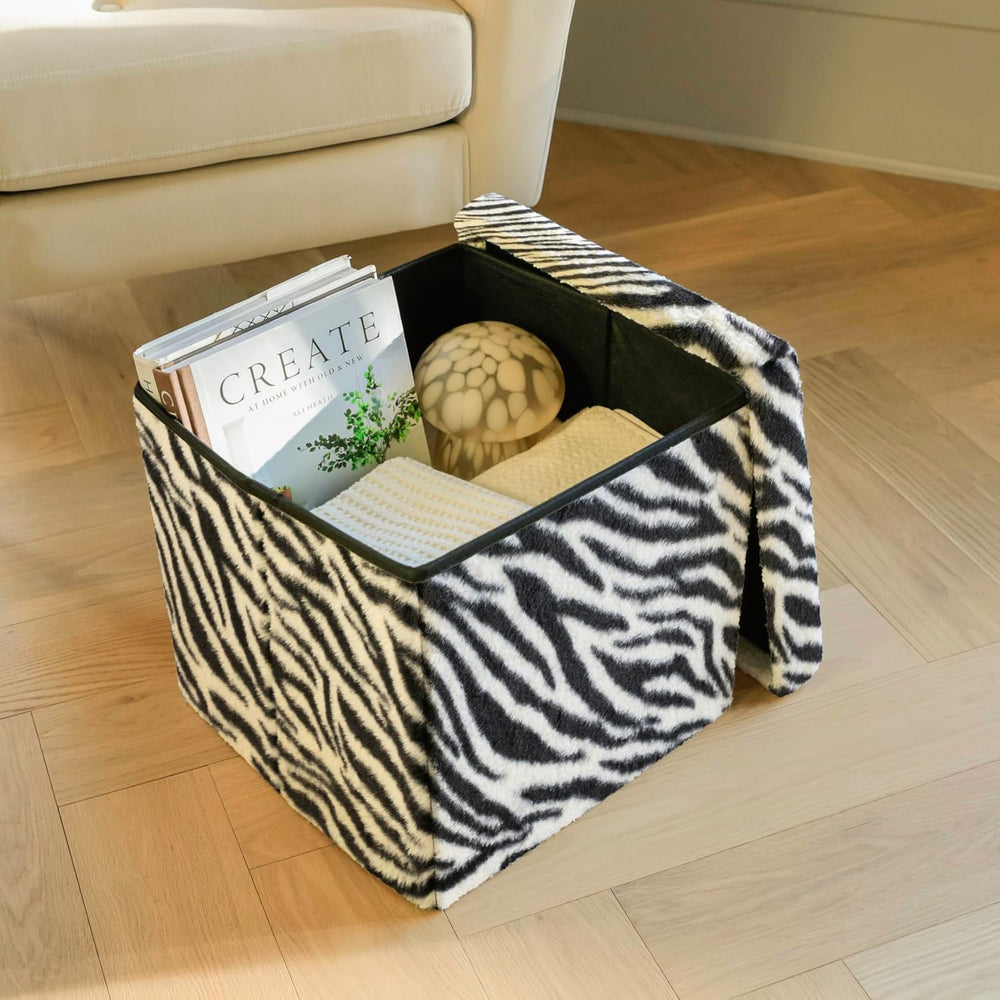 Luxe Faux Fur Storage Ottoman, Zebra Black/White, 15 x 15 x 15 in | Engineere...
