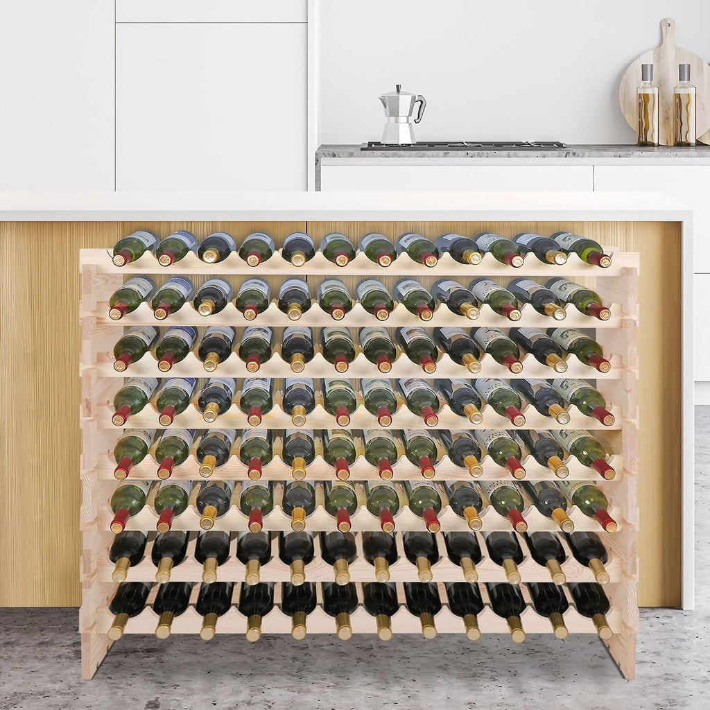 96 Bottle Modular Wine Rack Freestanding Floor Wine Holder, Stackable Wine Storage Rack Display Shelves, Solid Wood - Wobble-Free (96 Bottles)