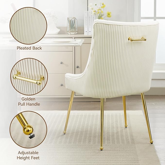 Velvet Dining Chairs Set of 4 Gold Legs,Upholstered Velvet Accent Chairs, Pleated Back Design & Gold Pull Handle, Mid Century Modern Chairs for Dining/Kitchen/Living Room,Beige