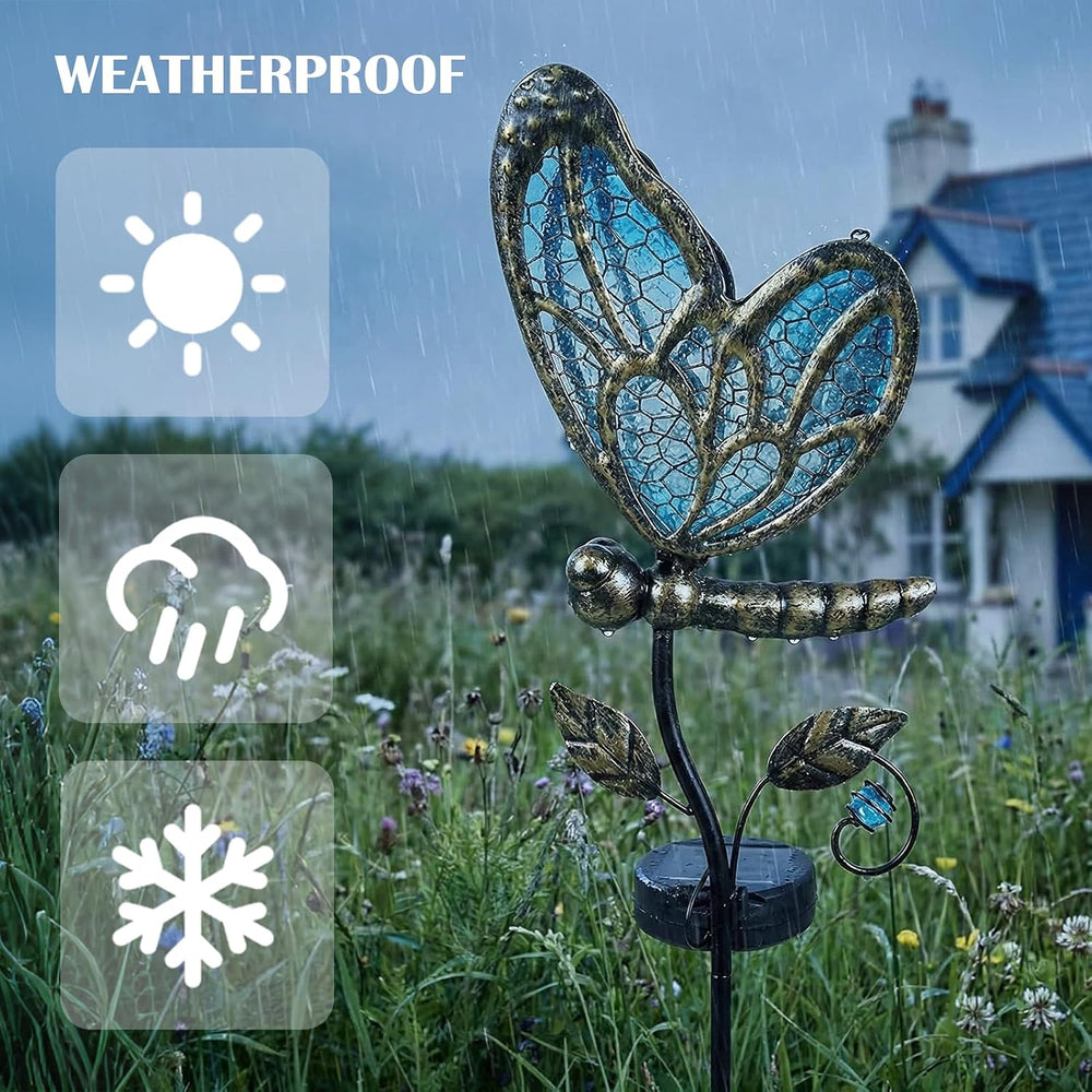 Solar Butterfly Garden Stake Light, Hand-Painted Blue Glass, 36in