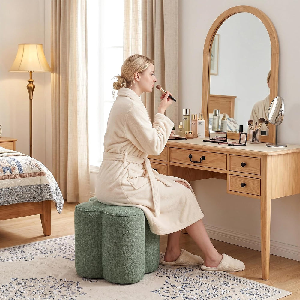 Green Linen Ottoman Set of 2, Small Vanity Stool, Modern Footstool | Multi-Fu...