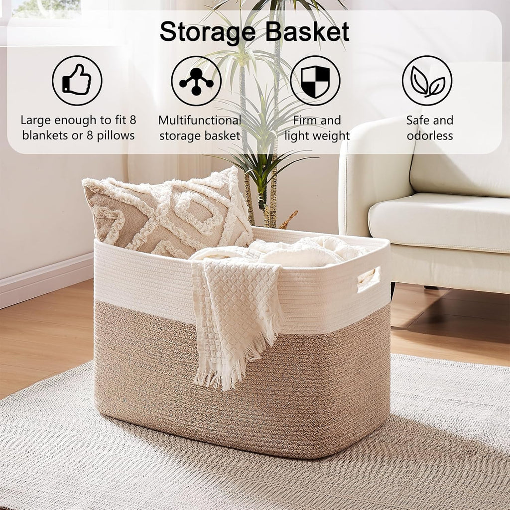 OIAHOMY 108L Extra Large Blanket Basket, 25”x16”x16” Laundry Basket, Blanket Storage for Living Room, Dog Toy Storage with Handle - Brown & White