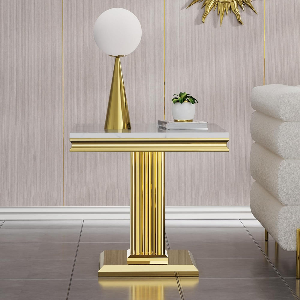 Henf 23in Square End Table Faux Marble End Table with Pillar Stainless Steel ...