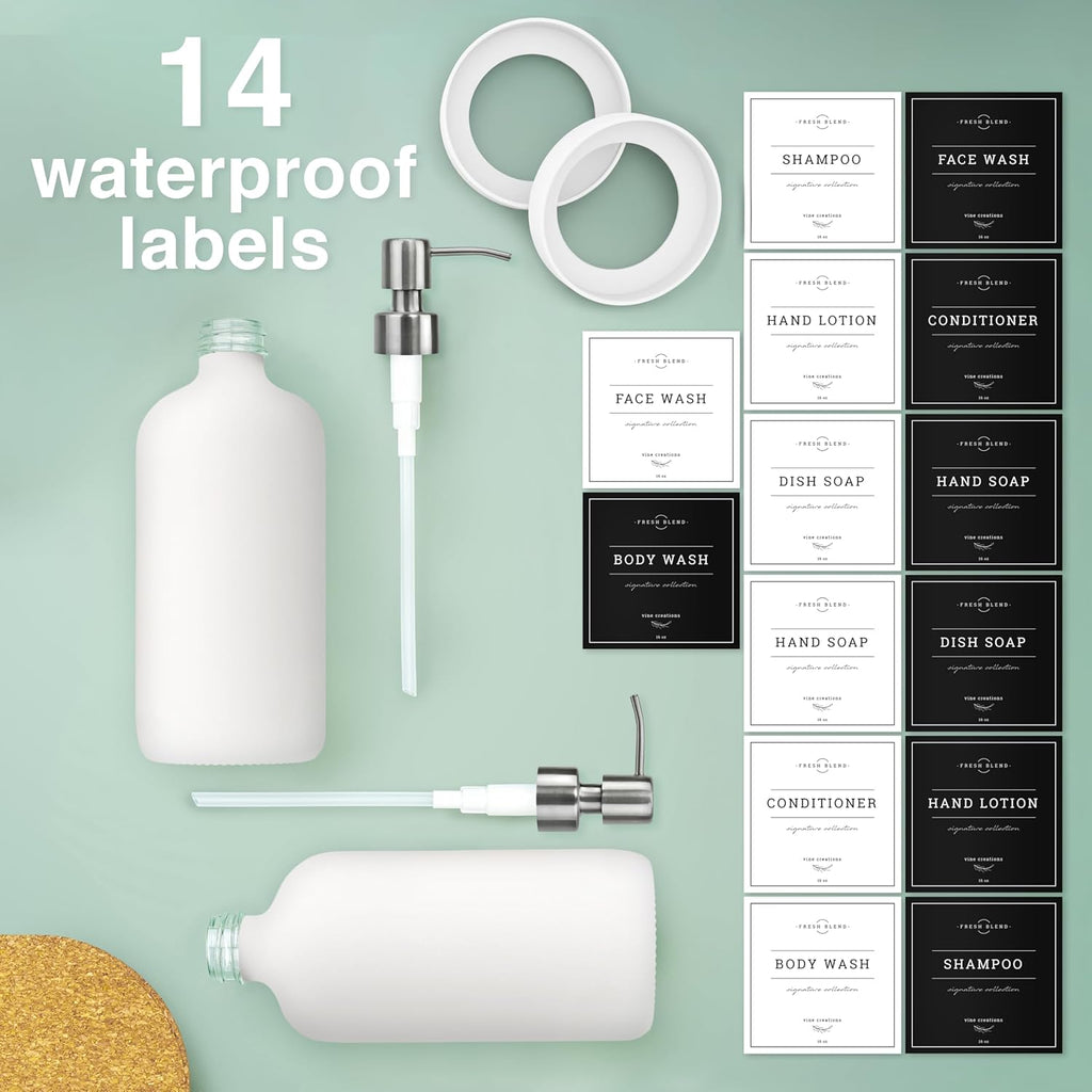 Vine Creations White Glass Soap Dispenser, 2 Pack Kitchen Soap Dispenser Set with Stainless Steel Pump, 16 oz Dish Soap and Hand Soap Dispensers for Bathroom with Waterproof Labels