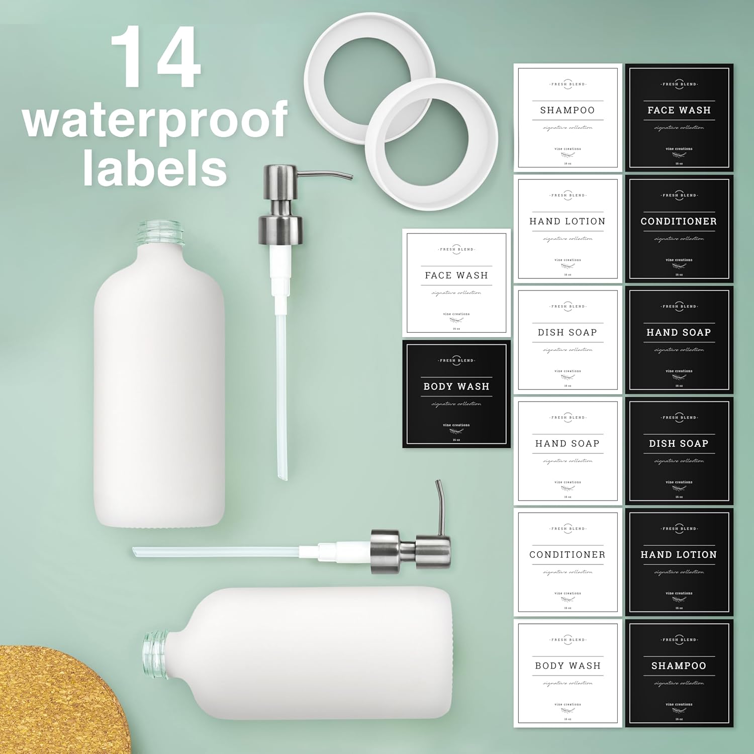 Vine Creations White Glass Soap Dispenser, 2 Pack Kitchen Soap Dispenser Set with Stainless Steel Pump, 16 oz Dish Soap and Hand Soap Dispensers for Bathroom with Waterproof Labels