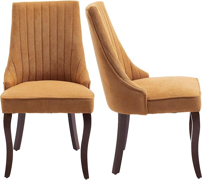 Modern Dining Chairs Set of 2, Mid Century Kitchen & Dining Room Chairs, Linen Upholstered Kitchen Chairs with Wood Legs, Sillas de Comedor, Easy Assembly, Yellow, 2 Pieces