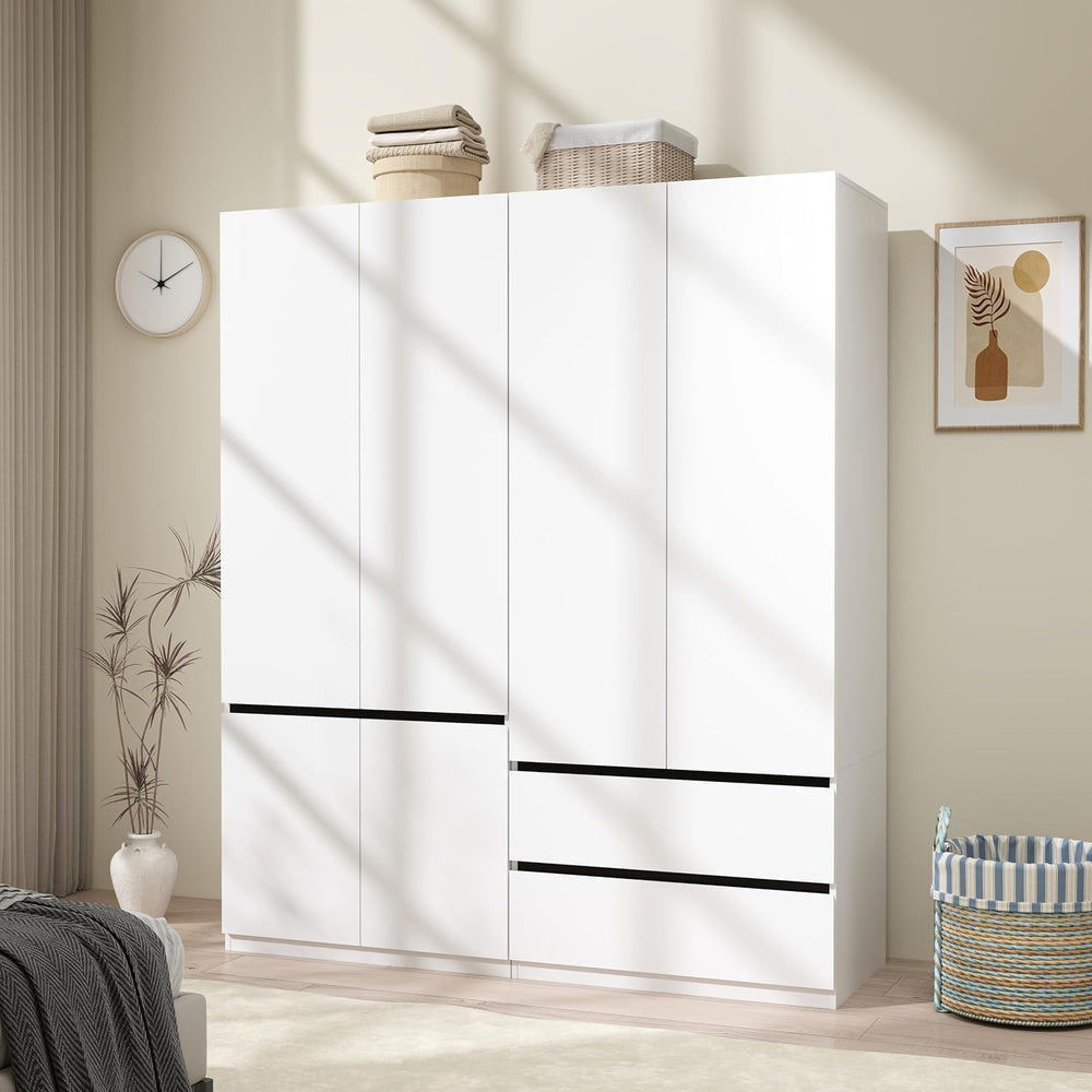 Wardrobe Closet with 4 Doors: 75" White Armoire with 2 Drawers, Wooden W...