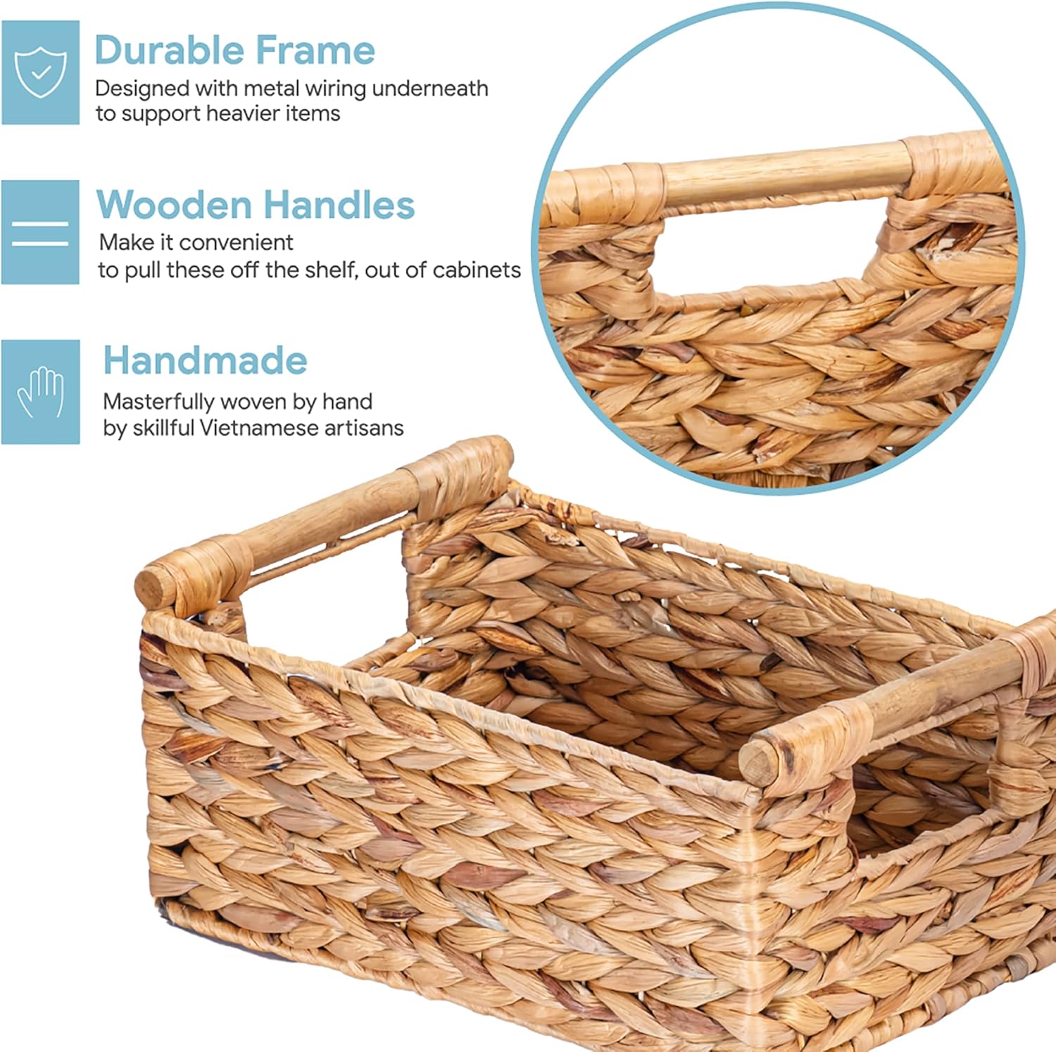 VATIMA Hyacinth Small Wicker Basket 11.6x8.1x4.9" - Bathroom Organizer, Wooden Handle, Decorative Storage