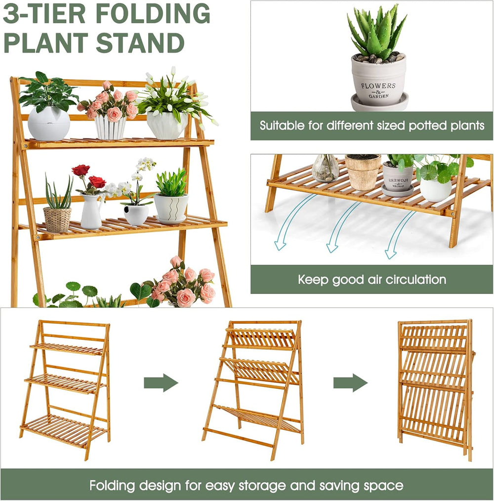 COSTWAY Bamboo Plant Stand, Foldable Multifunctional Flower Display Ladder Sh...