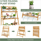 COSTWAY Bamboo Plant Stand, Foldable Multifunctional Flower Display Ladder Shelf, 3-Tier Storage Rack
