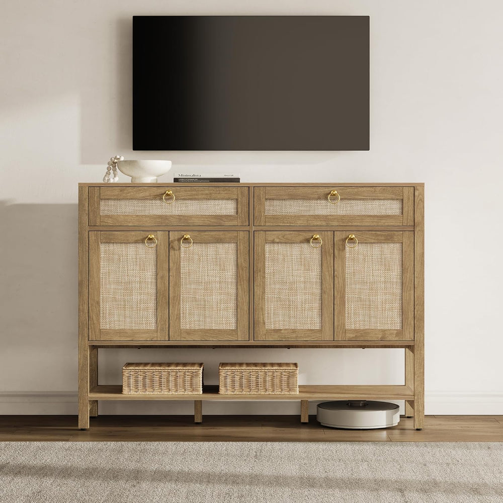 SICOTAS Rattan Sideboard Buffet Cabinet with Open Storage - Large Farmhouse C...
