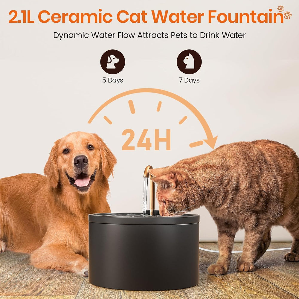 Ceramic Cat Water Fountain, All-Ceramic Body, Pure Copper Spout
