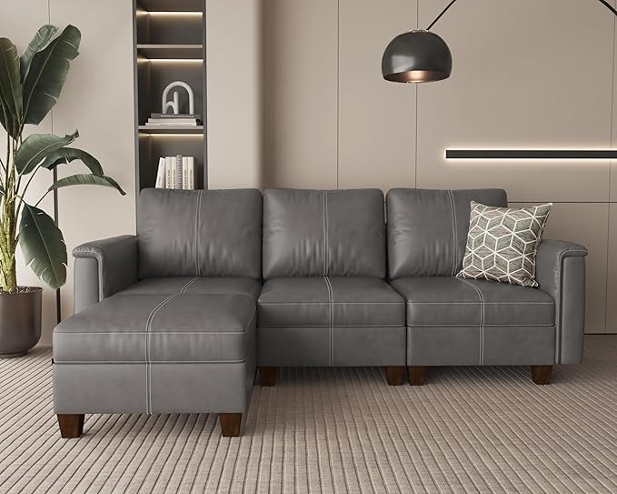 SITJOY 91" Faux Leather Modular Sectional Sofa with Storage, Mid Century Modern Sectional Couches for Living Room, Soft Padded Armrests, 3 Seater L-Shaped Couch with Ottoman, Gray