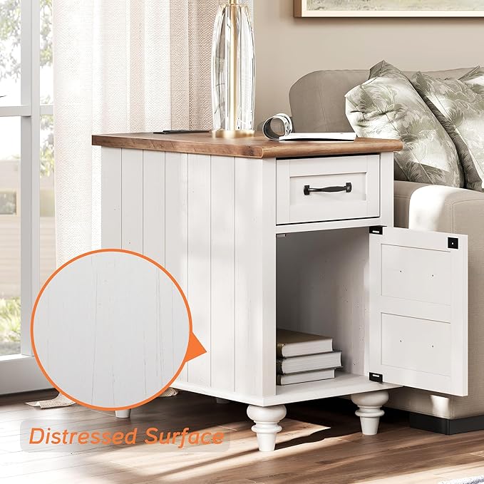 WAMPAT 2 Pack Off White End Table with Charging Station, Wood Side Sofa Table...