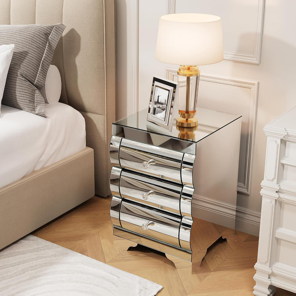 Silver Modern Mirrored Nightstand with 3 Drawers, Baked Curved Glass Bedside ...