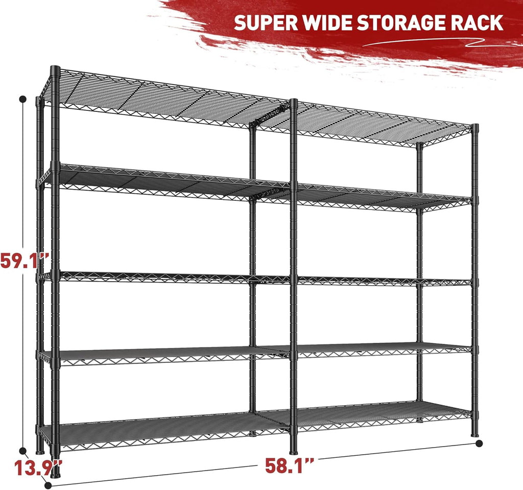 REIBII 1450LBS Metal Shelving Unit Storage Shelves 5 Tier Wire Shelving 58.1''W Pantry Shelves Wire Shelf Adjustable Garage Shelving Heavy Duty Storage Rack for Pantry Kitchen Garage, Black