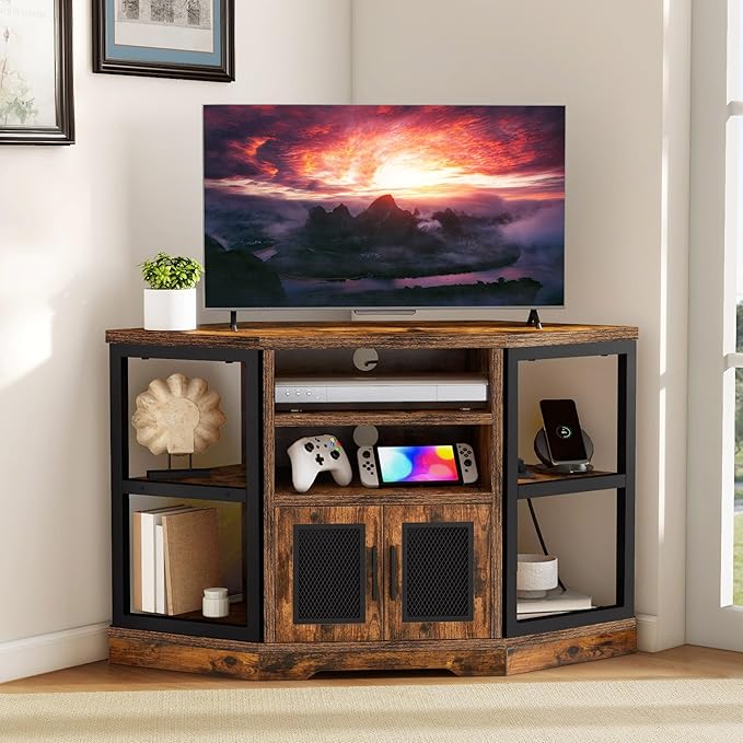 DWVO Farmhouse Corner TV Stand for Living Room, TV Stand for 50 Inch TV, Entertainment Center with Storage and Power Outlet, TV Console Cabinet, Rustic Brown