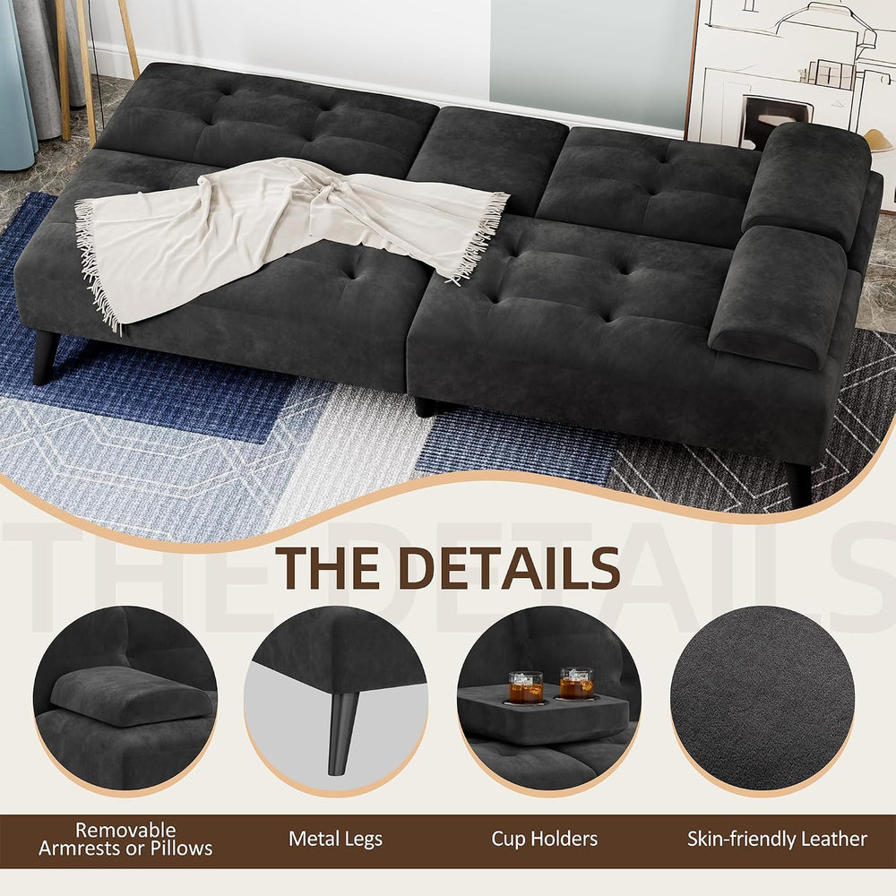 Shintenchi 64" Futon Sofa Bed, Velvet Foldable Couch, Upholstered Lovese...