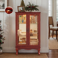 44" Small Lighted Glass Accent Curio Cabinet, Vintage China Cage with 2 Tempered Glass Doors & Adjustable Shelves, Acrylic Mirrored Pane, Elegant Wine Artwork Showcase Rack for Living Room (Cherry)