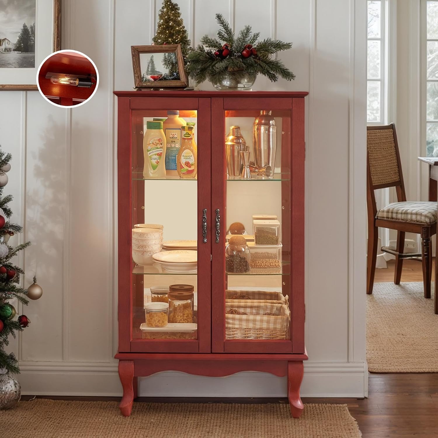 44" Small Lighted Glass Accent Curio Cabinet, Vintage China Cage with 2 Tempered Glass Doors & Adjustable Shelves, Acrylic Mirrored Pane, Elegant Wine Artwork Showcase Rack for Living Room (Cherry)