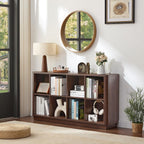 8 Cube Bookcase, 52" Long Horizontal Book Shelf w/Curved Edge, Floor Standing 2-Tier Cubby TV Stand Bookshelf with Wooden Base, Farmhouse Low Storage Cabinet for Living Room, Office, Walnut