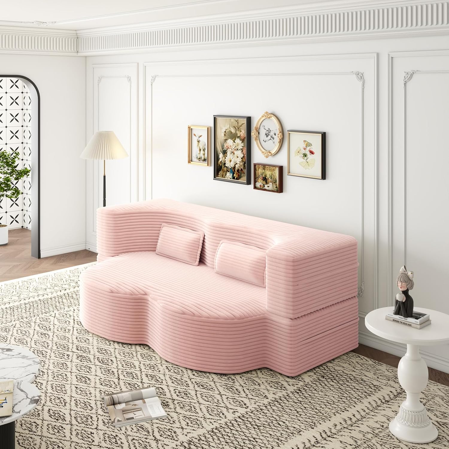 2 in 1 Convertible Folding Sofa Bed, Plush Corduroy Lazy Lounge Sofabed, Foam Folding Floor Sofa Bed, 78" Full Size Memory Foam Couch for Living Room Guestroom, No Assembly Sofabed (Baby Pink)