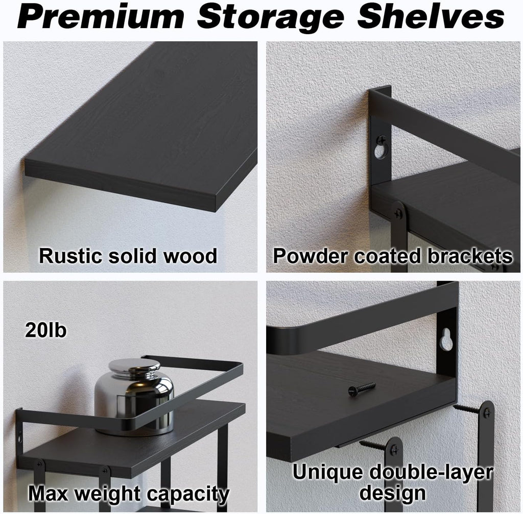 RICHER HOUSE Dual-Level Guardrail Floating Shelves, Rustic Wood Bathroom Shelf Wall Mounted, Over Toilet Paper Storage Shelves for Wall Decor, Bathroom Organizers - Black