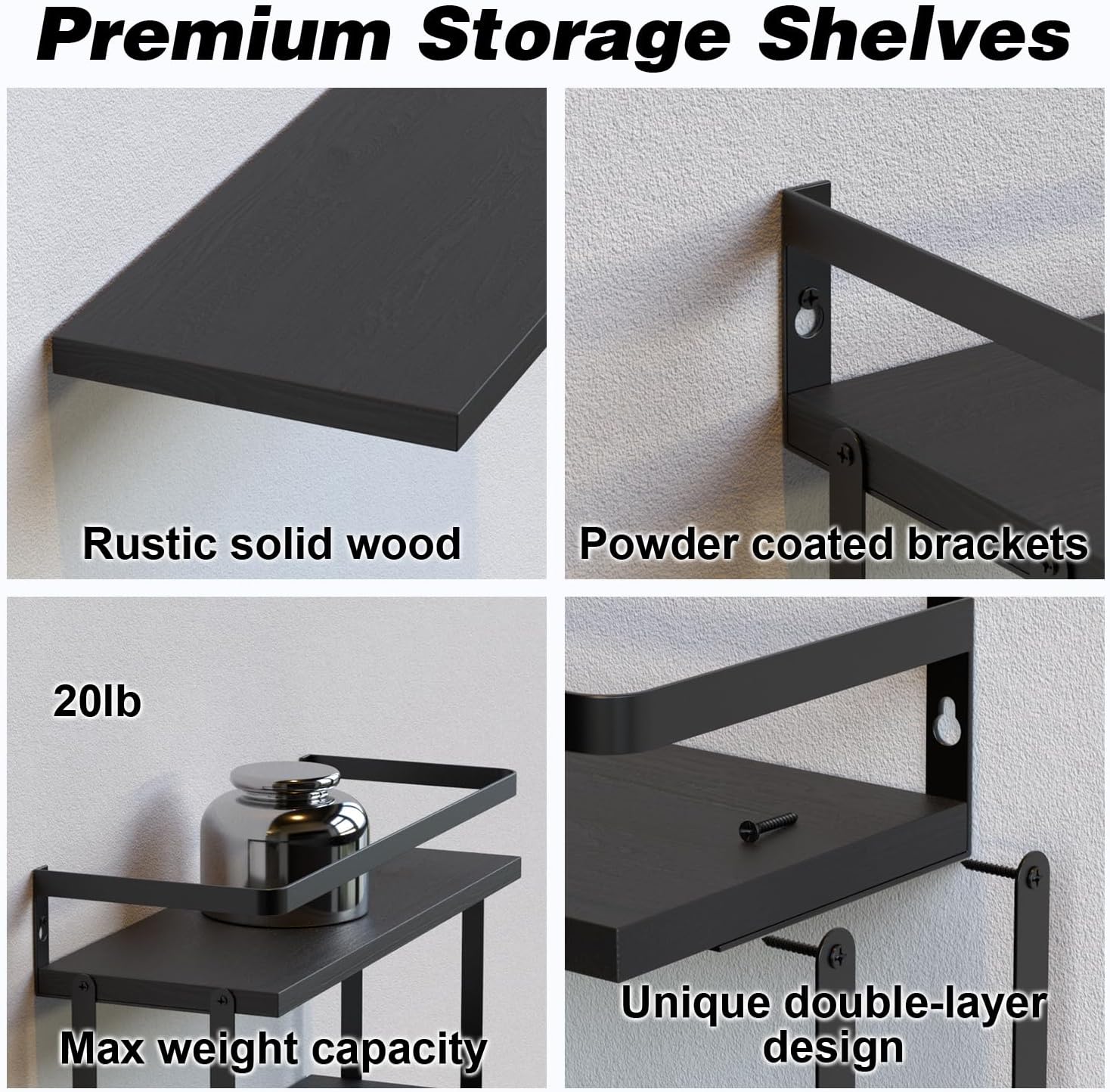 RICHER HOUSE Dual-Level Guardrail Floating Shelves, Rustic Wood Bathroom Shelf Wall Mounted, Over Toilet Paper Storage Shelves for Wall Decor, Bathroom Organizers - Black