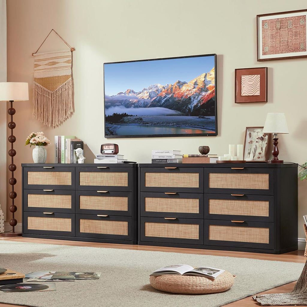 LEYAOYAO Rattan 6 Drawer Dresser for Bedroom Set of 2, Boho 54" Wide Black Dresser Chest of Drawers, Dressers TV Stand with Metal Handle, Storage Dressers Closet Organizer for Living Room, Hallway