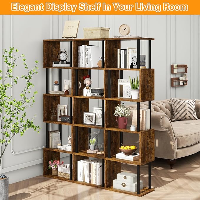 IBUYKE 6-Tier Tall Bookshelf,S-Shaped Geometric Bookcase, Wood Display Shelve...