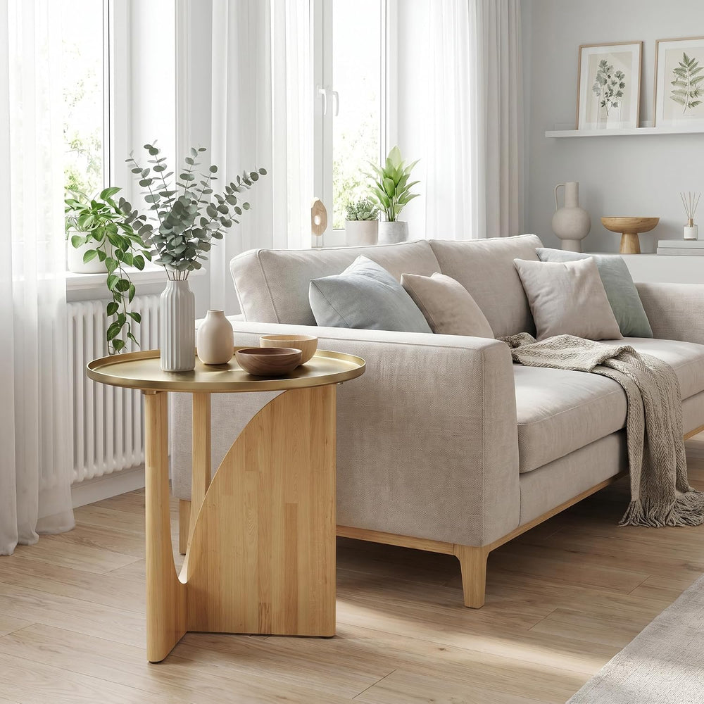 ACEDÉCOR Round Side Table, Solid Wood End Table with Brushed Gold Metal Tray ...