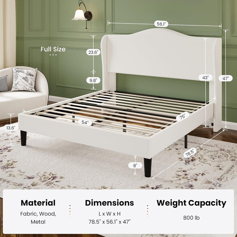 SHA CERLIN Full Size Bed Frame with Curved Wingback Headboard,Soft White