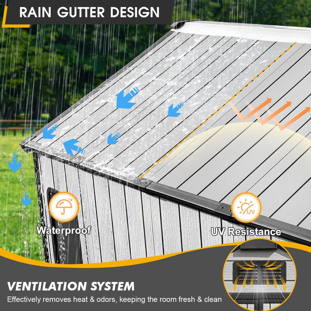 8 x 8 FT Plastic Storage Shed, All-Weather Resin Tool Shed with Windows, Lockable Doors & Floor, Outdoor Garden Shed for Poolside, Backyard, Patio