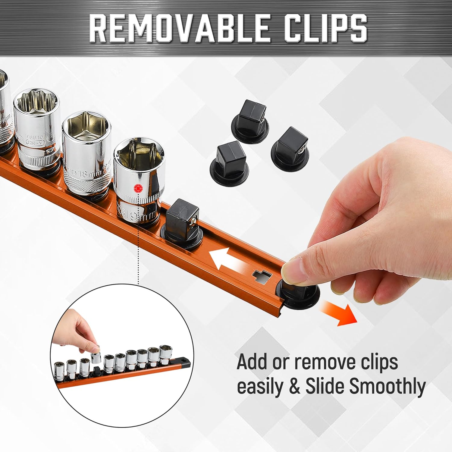 ALOANES 3-Piece Magnetic Socket Organizer, Heavy Duty Aluminum Socket Rails Organizer, 360° Swivel Clips Socket Holder Kit for Tool Box, 3/8-Inch Socket Holder x 42 Clips (Orange)