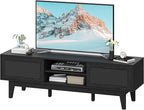 Boho TV Stand for 55 65 Inch TV, Rattan Entertainment Center with Shelves, Cabinets and Sliding Doors, TV Media Console Table with Solid Wood Feet & Cord Holes for Living Room, Bedroom, Black