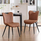 Leather Upholstered Dining Chairs Set of 2, Mid-Century Modern Kitchen Dining Room Chairs with Black Metal Legs, Armless Faux Leather Accent Dinner Chairs Kitchen Side Chairs, Camel